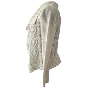 CAbi open cable knit mix media beige cardigan 100% cotton, trapped front Sz: XS